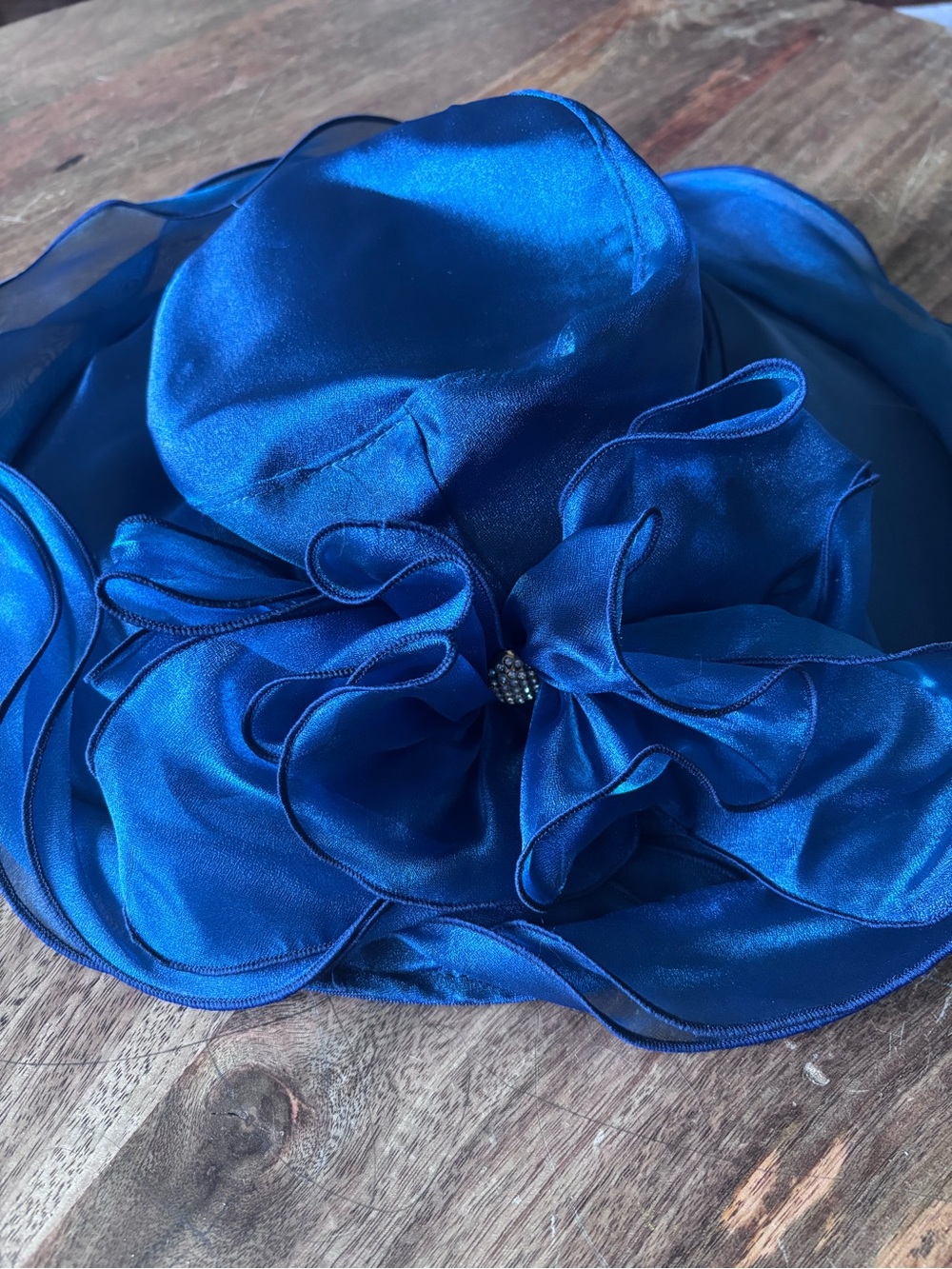 Elegant Royal Blue Satin Flower Wide-Brim Women's Hat